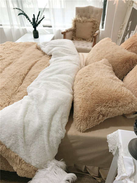 Therapeutic Fluffy Faux Lambswool Quilt Cover Set - Camel