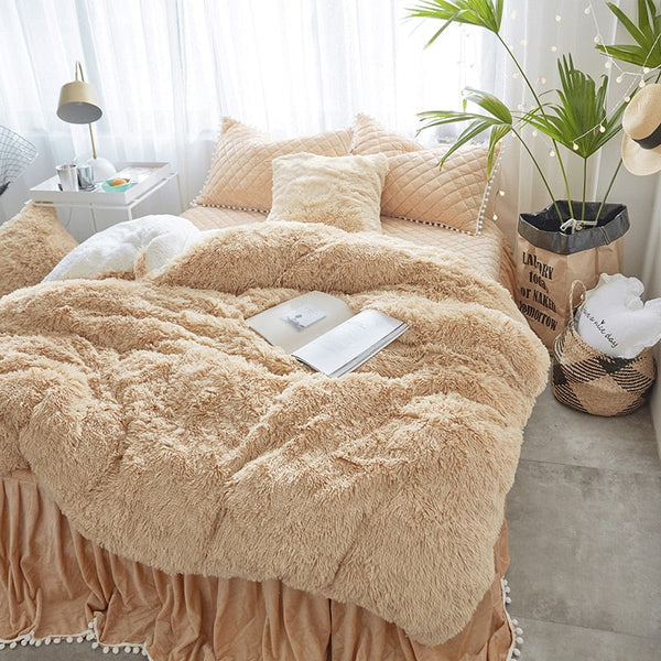 Therapeutic Fluffy Faux Lambswool Quilt Cover Set - Camel