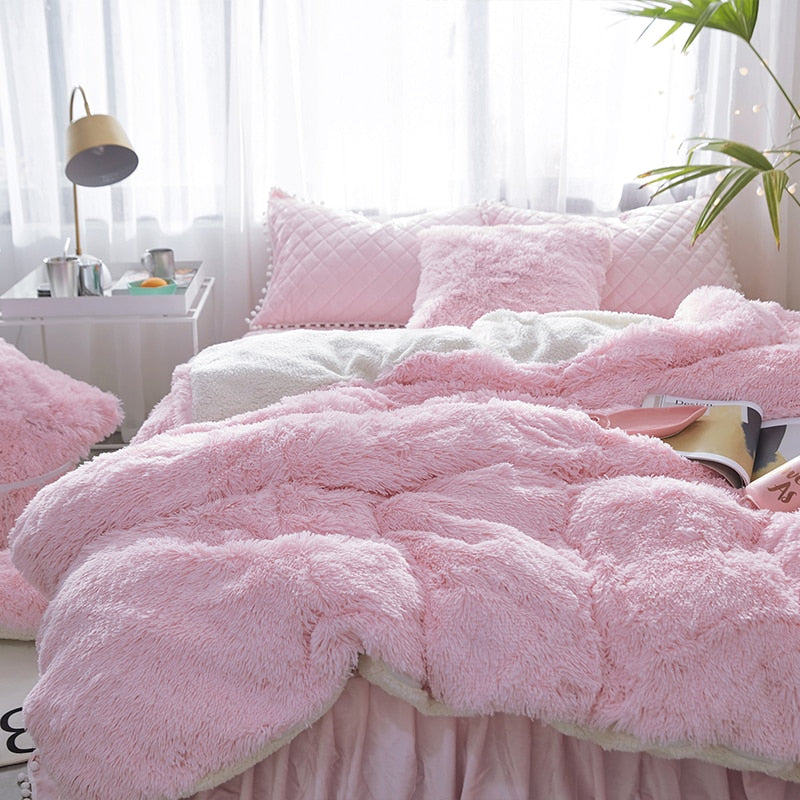 Therapeutic Fluffy Faux Lambswool Quilt Cover Set - Pink