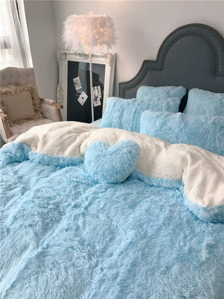 Therapeutic Fluffy Faux Lambswool Quilt Cover Set - Blue