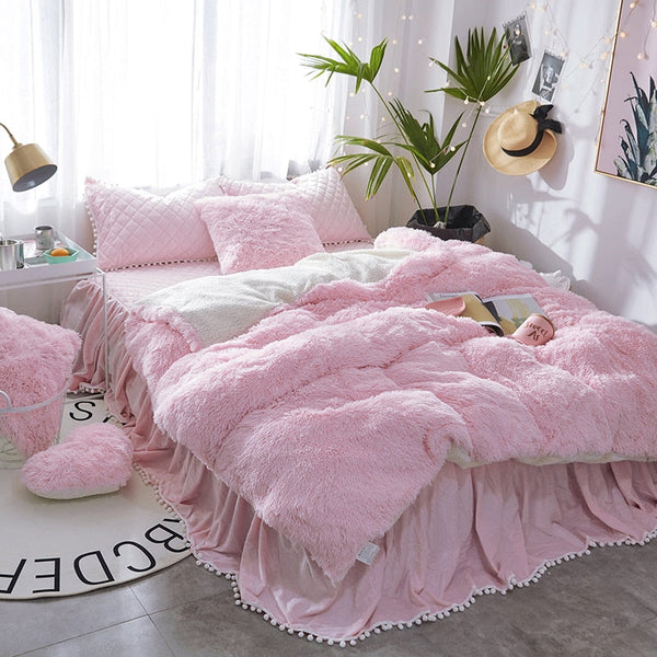 Therapeutic Fluffy Faux Lambswool Quilt Cover Set - Pink