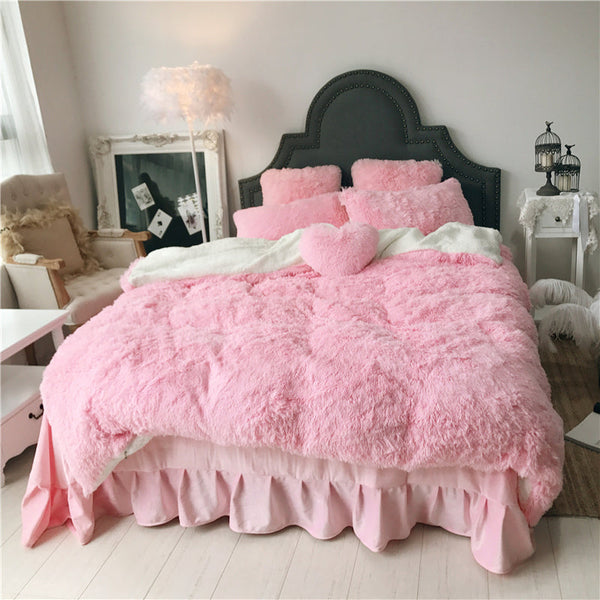 Therapeutic Fluffy Faux Lambswool Quilt Cover Set - Pink