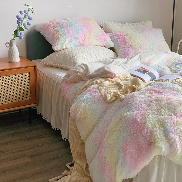 Therapeutic Fluffy Faux Mink & Velvet Fleece Quilt Cover Set - Soft Rainbow