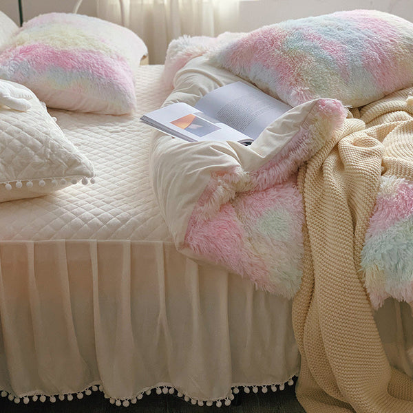 Therapeutic Fluffy Faux Mink & Velvet Fleece Quilt Cover Set - Soft Rainbow