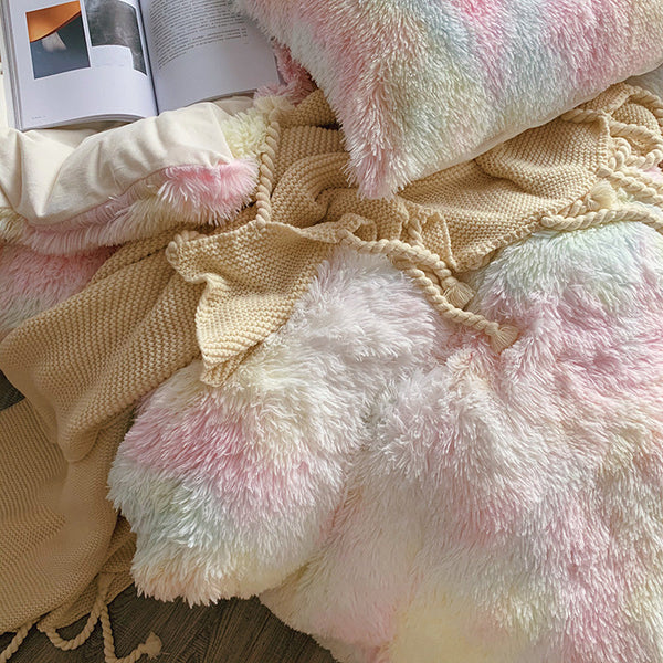 Therapeutic Fluffy Faux Mink & Velvet Fleece Quilt Cover Set - Soft Rainbow