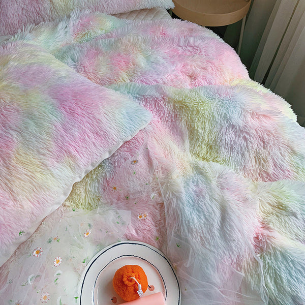 Therapeutic Fluffy Faux Mink & Velvet Fleece Quilt Cover Set - Soft Rainbow