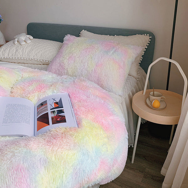 Therapeutic Fluffy Faux Mink & Velvet Fleece Quilt Cover Set - Soft Rainbow