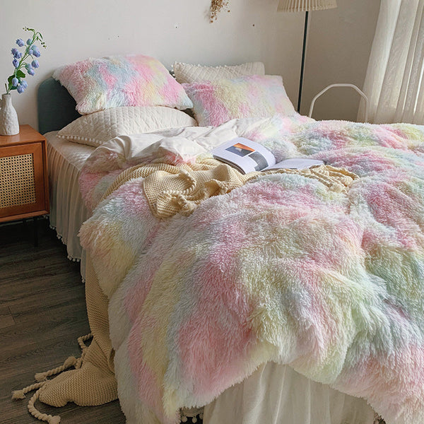 Therapeutic Fluffy Faux Mink & Velvet Fleece Quilt Cover Set - Soft Rainbow