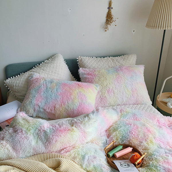 Therapeutic Fluffy Faux Mink & Velvet Fleece Quilt Cover Set - Soft Rainbow