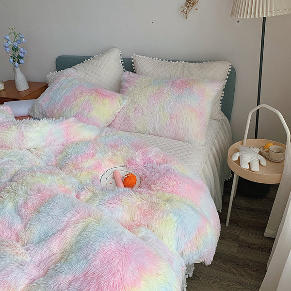 Therapeutic Fluffy Faux Mink & Velvet Fleece Quilt Cover Set - Soft Rainbow