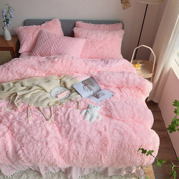 Therapeutic Fluffy Faux Mink & Velvet Fleece Quilt Cover Set - Soft Pink