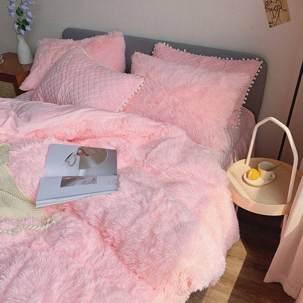 Therapeutic Fluffy Faux Mink & Velvet Fleece Quilt Cover Set - Soft Pink