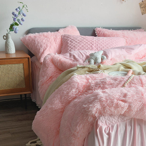 Therapeutic Fluffy Faux Mink & Velvet Fleece Quilt Cover Set - Soft Pink