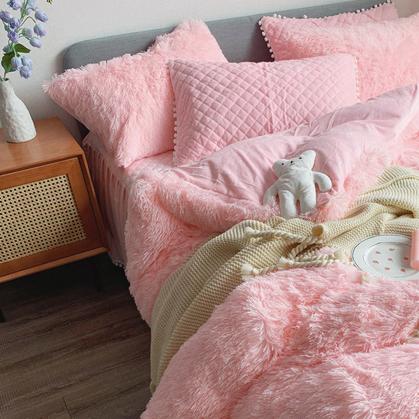 Therapeutic Fluffy Faux Mink & Velvet Fleece Quilt Cover Set - Soft Pink