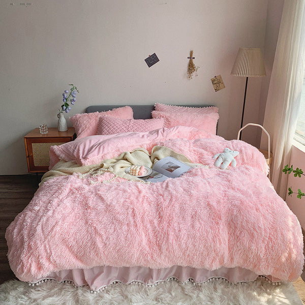 Therapeutic Fluffy Faux Mink & Velvet Fleece Quilt Cover Set - Soft Pink