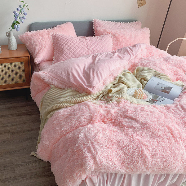 Therapeutic Fluffy Faux Mink & Velvet Fleece Quilt Cover Set - Soft Pink