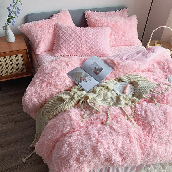 Therapeutic Fluffy Faux Mink & Velvet Fleece Quilt Cover Set - Soft Pink