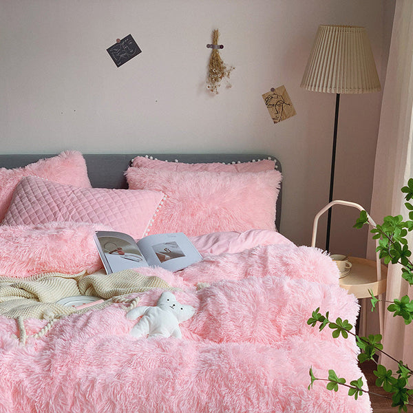 Therapeutic Fluffy Faux Mink & Velvet Fleece Quilt Cover Set - Soft Pink