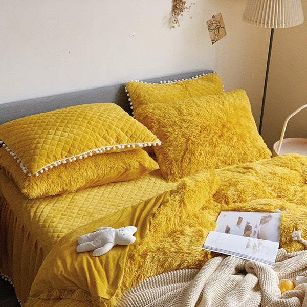 Therapeutic Fluffy Faux Mink & Velvet Fleece Quilt Cover Set  - Soft Yellow