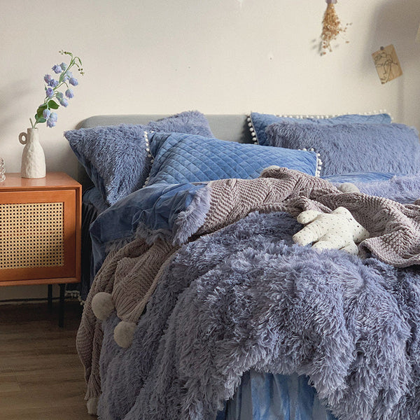 Therapeutic Fluffy Faux Mink & Velvet Fleece Quilt Cover Set - Soft Blue