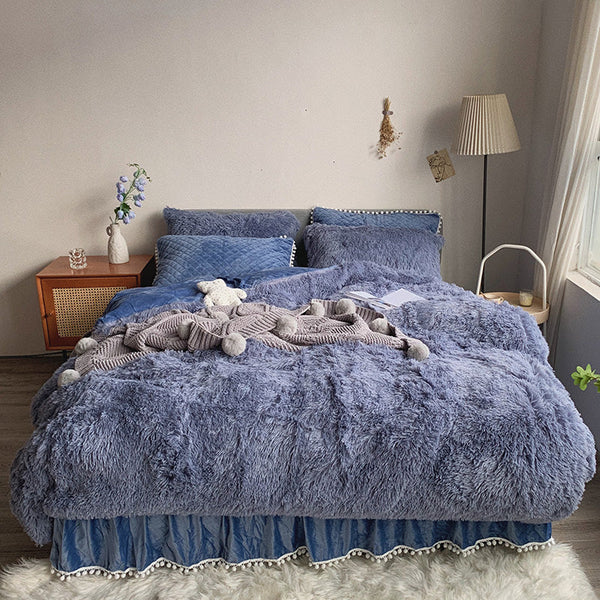 Therapeutic Fluffy Faux Mink & Velvet Fleece Quilt Cover Set - Soft Blue