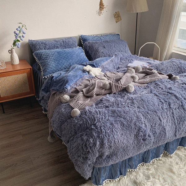 Therapeutic Fluffy Faux Mink & Velvet Fleece Quilt Cover Set - Soft Blue