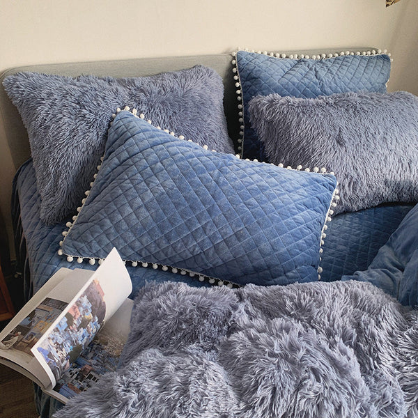 Therapeutic Fluffy Faux Mink & Velvet Fleece Quilt Cover Set - Soft Blue