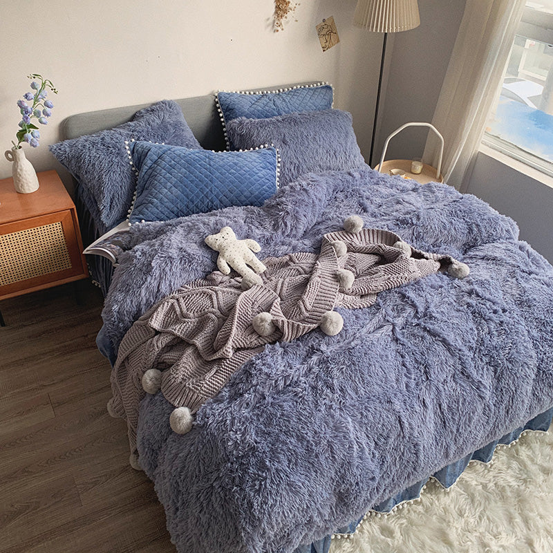 Therapeutic Fluffy Faux Mink & Velvet Fleece Quilt Cover Set - Soft Blue