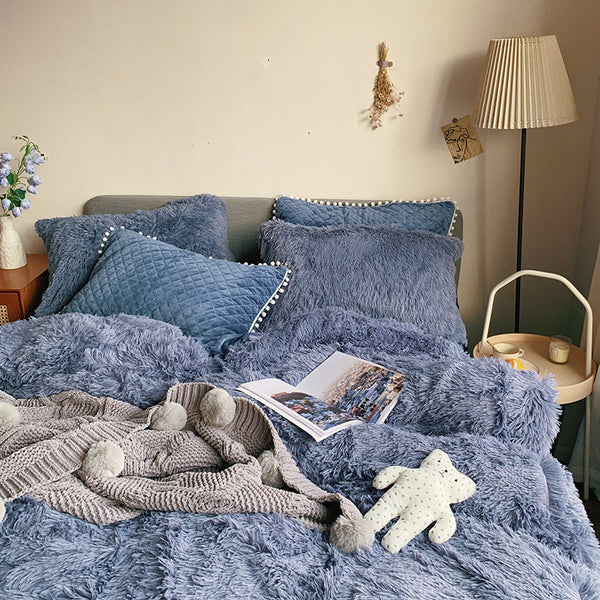 Therapeutic Fluffy Faux Mink & Velvet Fleece Quilt Cover Set - Soft Blue