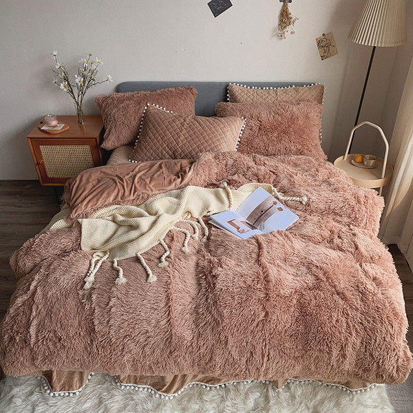 Therapeutic Fluffy Faux Mink & Velvet Fleece Quilt Cover Set - Soft Tan