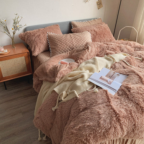 Therapeutic Fluffy Faux Mink & Velvet Fleece Quilt Cover Set - Soft Tan