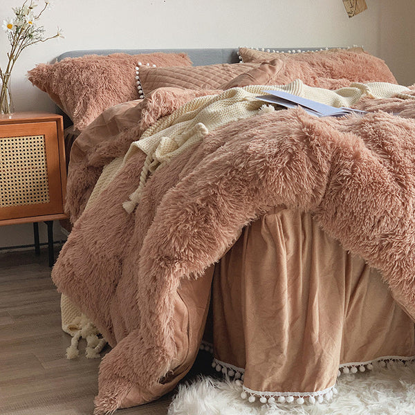 Therapeutic Fluffy Faux Mink & Velvet Fleece Quilt Cover Set - Soft Tan