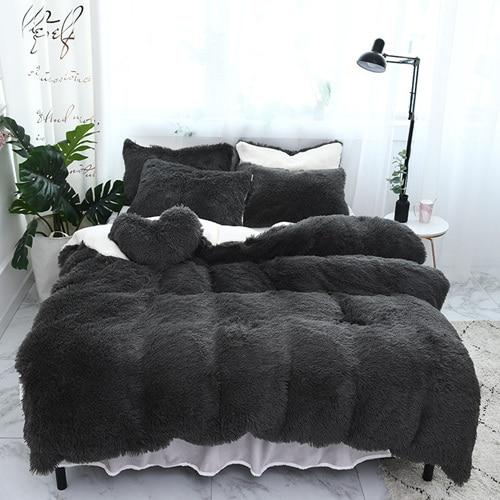 Therapeutic Fluffy Faux Lambswool Quilt Cover Set - Dark Grey