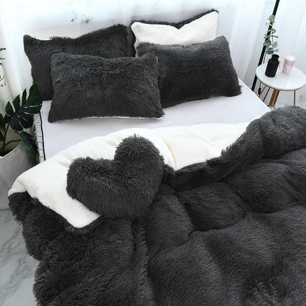 Therapeutic Fluffy Faux Lambswool Quilt Cover Set - Dark Grey