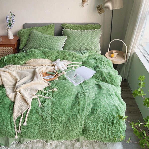 Therapeutic Fluffy Faux Mink & Velvet Fleece Quilt Cover Set - Soft Green