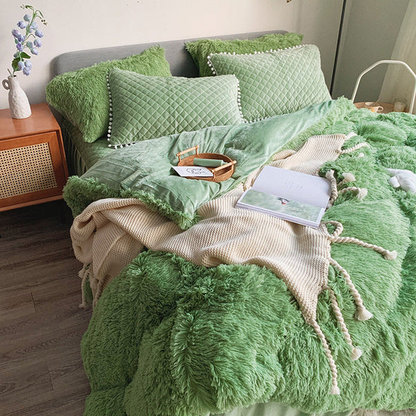 Therapeutic Fluffy Faux Mink & Velvet Fleece Quilt Cover Set - Soft Green