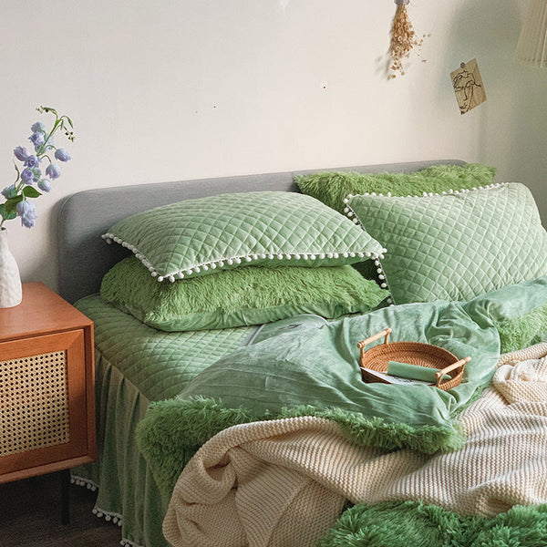 Therapeutic Fluffy Faux Mink & Velvet Fleece Quilt Cover Set - Soft Green