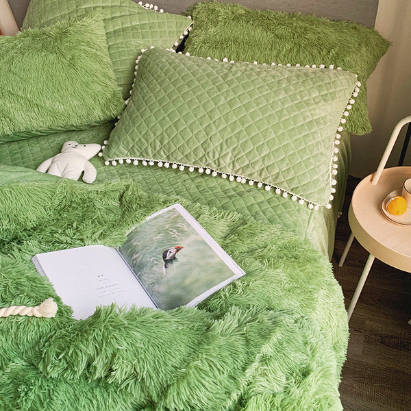 Therapeutic Fluffy Faux Mink & Velvet Fleece Quilt Cover Set - Soft Green