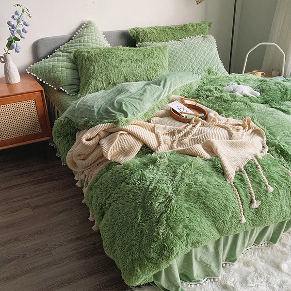 Therapeutic Fluffy Faux Mink & Velvet Fleece Quilt Cover Set - Soft Green