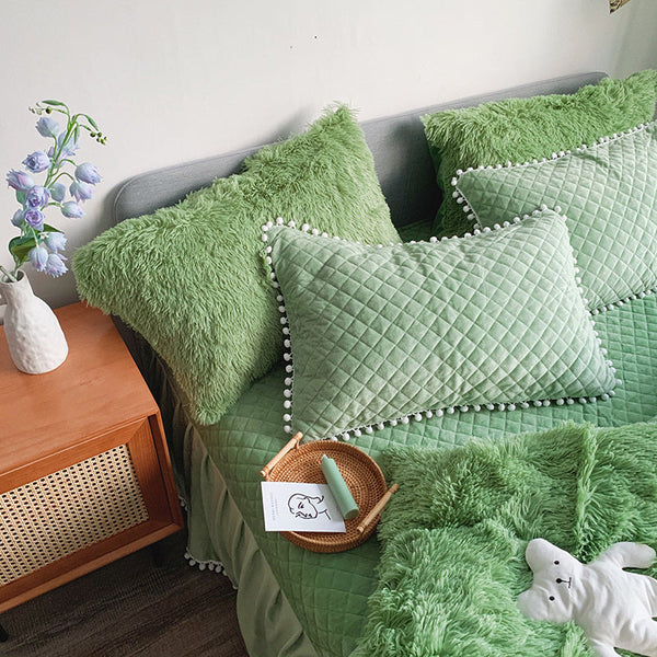 Therapeutic Fluffy Faux Mink & Velvet Fleece Quilt Cover Set - Soft Green