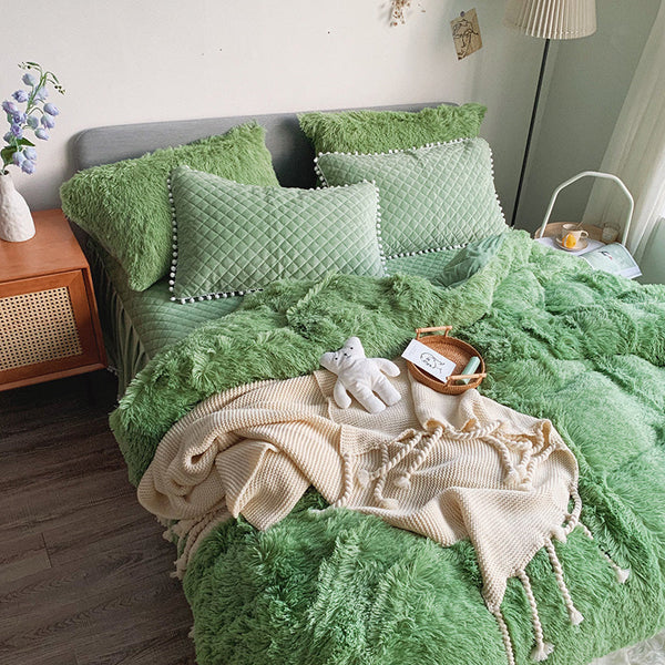 Therapeutic Fluffy Faux Mink & Velvet Fleece Quilt Cover Set - Soft Green