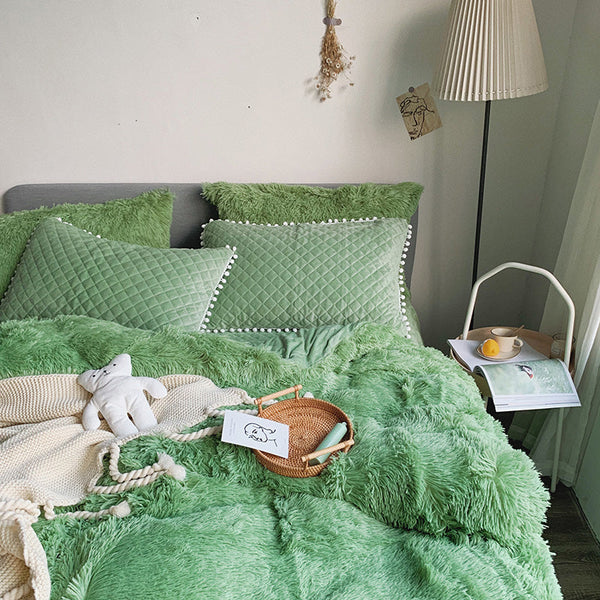 Therapeutic Fluffy Faux Mink & Velvet Fleece Quilt Cover Set - Soft Green