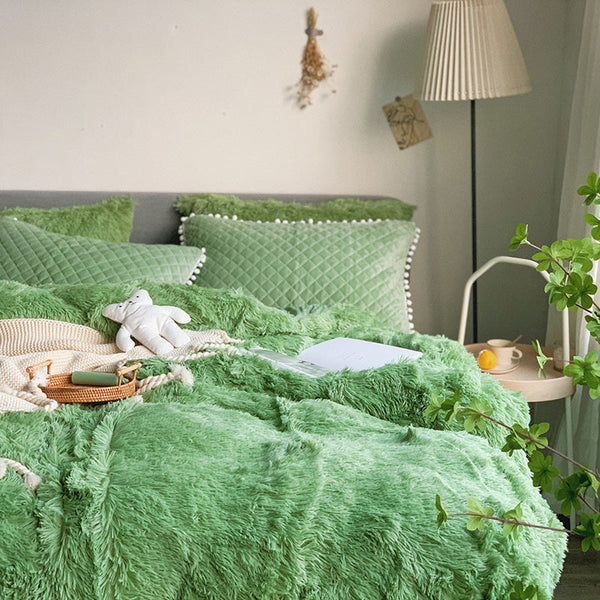 Therapeutic Fluffy Faux Mink & Velvet Fleece Quilt Cover Set - Soft Green