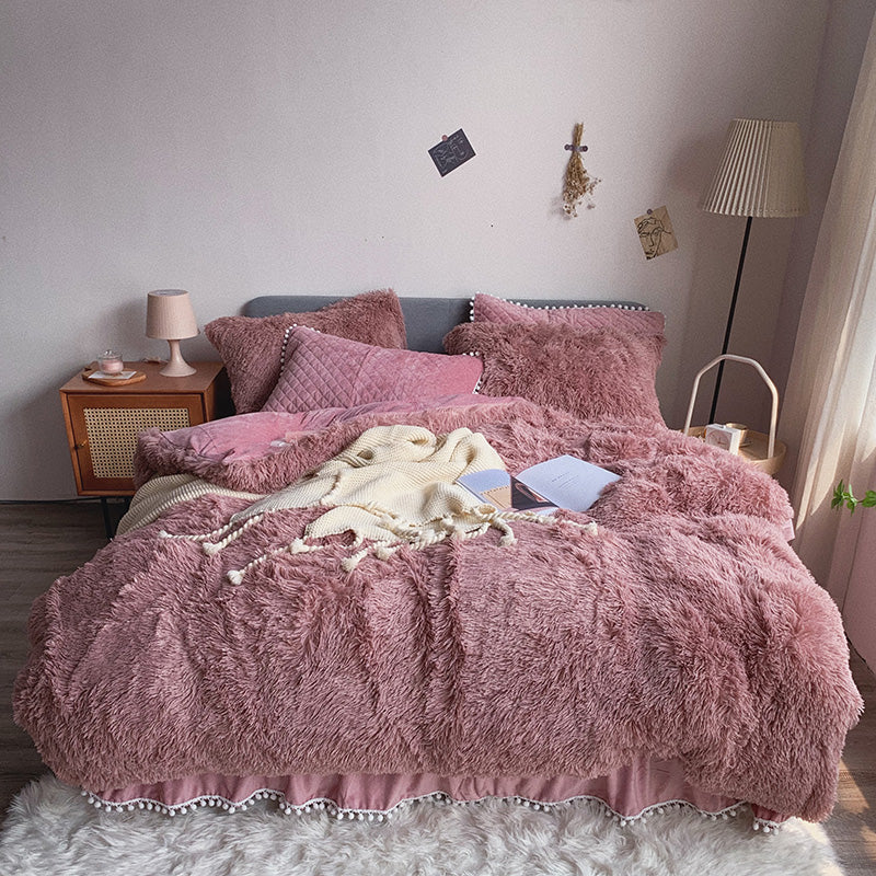 Therapeutic Fluffy Faux Mink & Velvet Fleece Quilt Cover Set - Soft Dusty Rose