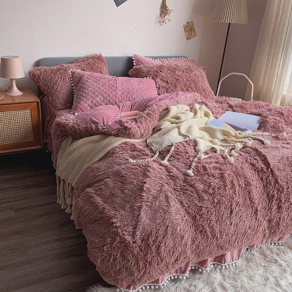 Therapeutic Fluffy Faux Mink & Velvet Fleece Quilt Cover Set - Soft Dusty Rose