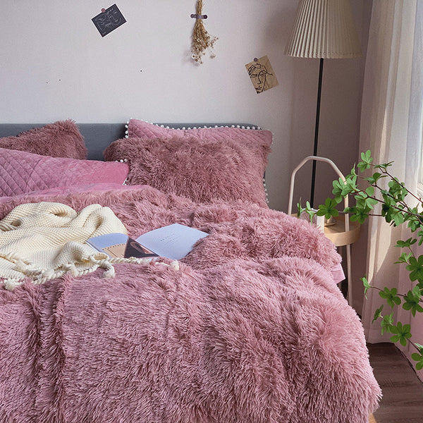 Therapeutic Fluffy Faux Mink & Velvet Fleece Quilt Cover Set - Soft Dusty Rose