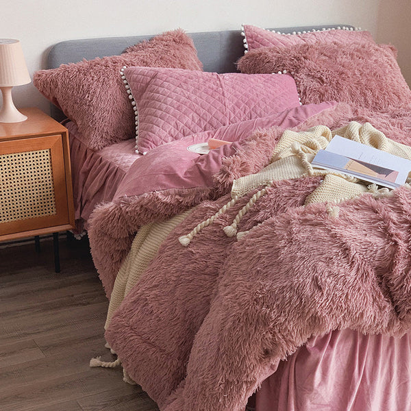 Therapeutic Fluffy Faux Mink & Velvet Fleece Quilt Cover Set - Soft Dusty Rose