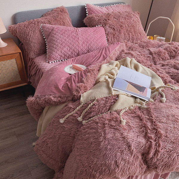 Therapeutic Fluffy Faux Mink & Velvet Fleece Quilt Cover Set - Soft Dusty Rose